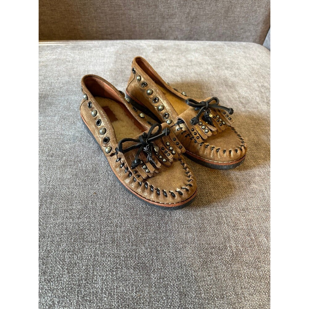 Coach Roccasin Metallic Gold Bronze Studded Leather shearling loafers size 5